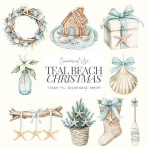 Clipart de Navidad costera / PNG de Navidad oceánica / PNG de Navidad en la playa / Clipart náutico / Navidad en la playa con acuarela / Navidad en julio / 9 PNG