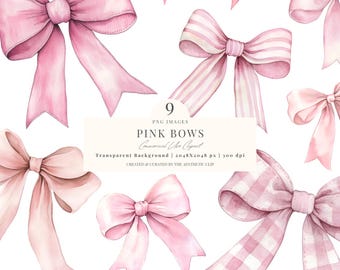 Pink Bow Clipart | Watercolor Bows | Coquette Bows Clipart | Pink Ribbon PNG | Cute Girly Bows | Pastel Baby Girl | Soft Girl Era | 9 PNG