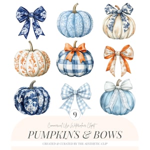 Watercolor Pumpkins And Bows Clipart | Coquette Pumpkins | Blue Toile Pumpkins | Gingham Pumpkins | Fall PNG | Blue Pumpkins Clipart | 9 PNG