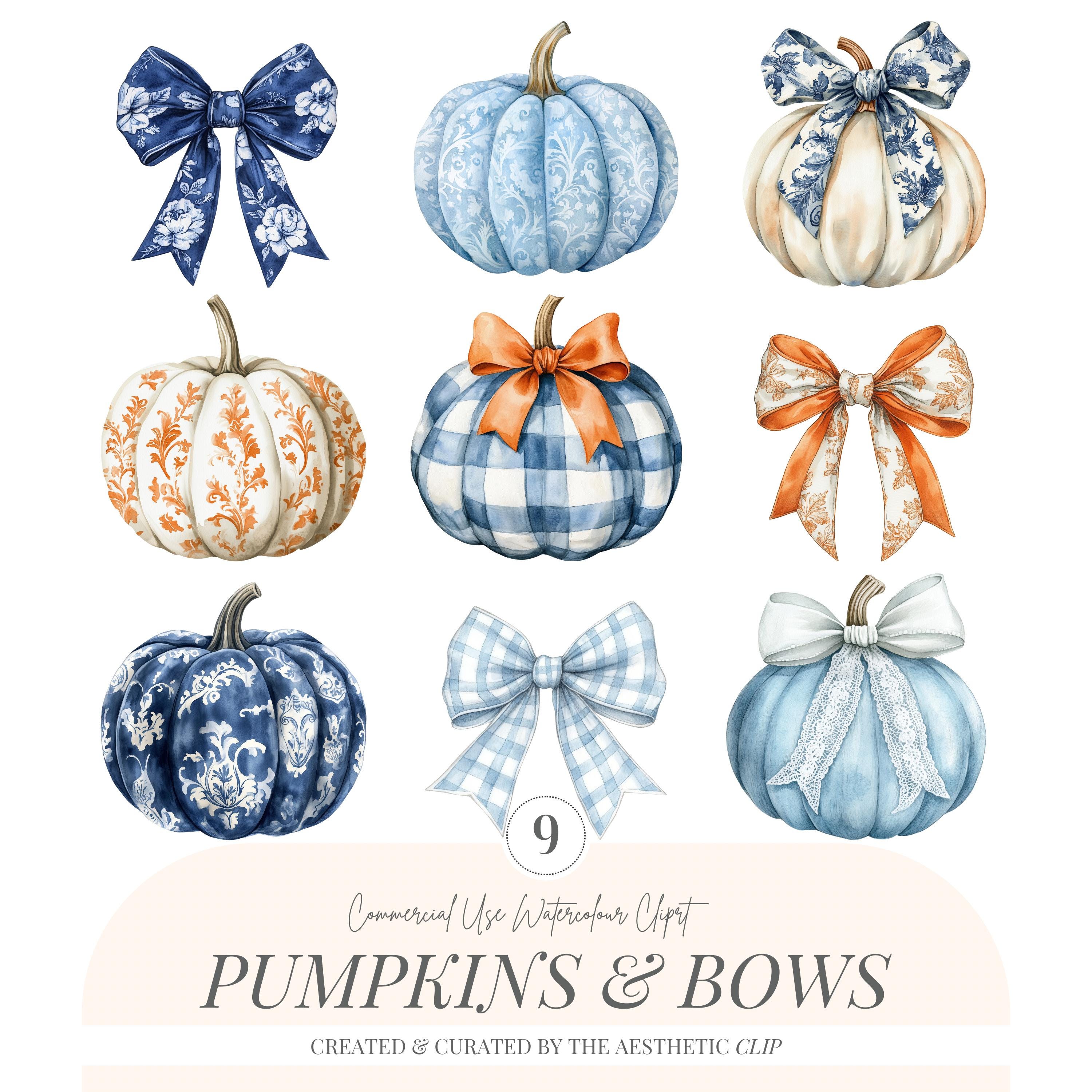 Watercolor Pumpkins And Bows Clipart | Coquette Pumpkins | Blue Toile Pumpkins | Gingham Pumpkins | Fall PNG | Blue Pumpkins Clipart | 9 PNG