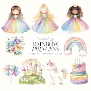 Clipart regenboog prinses | Kleurrijke prinses, png-bestand | Verjaardag prinses aquarel | Eenhoorn | Kasteel | Regenboog | Verjaardag meisjes | 9 png
