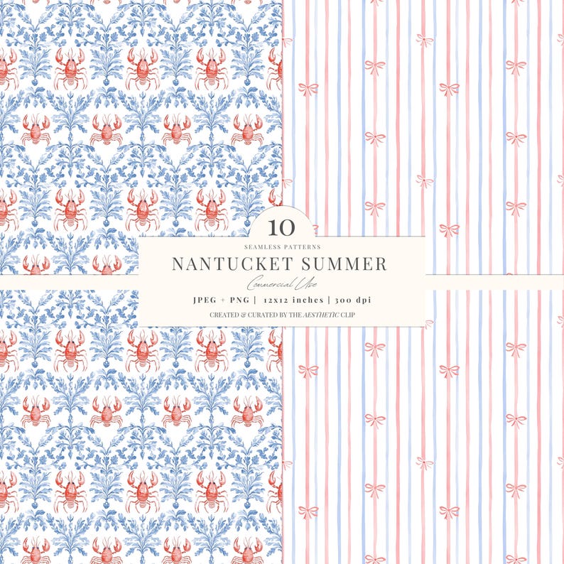 Coastal Digital Paper | Grandmillenial Pattern | Coquette Fisherman | Lobsters | Seamless | Coastal Grandma | Scrapbook | 10 JPEG | PNG image 3