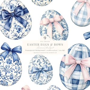 Easter Egg Clipart | Toile Easter PNG | Preppy Easter Eggs | Blue Toile Easter Eggs And Bows | Bows | Grandmillenial Easter | Bows | 9 PNG
