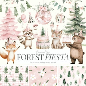 Clipart Woodland bohème rose | Clipart anniversaire Woodland | Animaux de la forêt rose | Baby Shower Woodland | Clipart anniversaire fille | 25 PNG