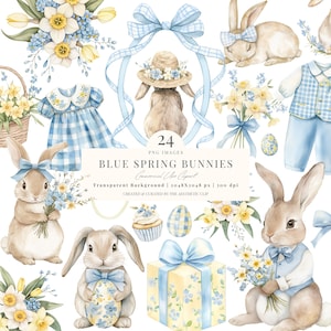 Vårkanin Clipart | Blå påsk PNG | Kanin Babyshower | Pojkkaniner | Blommor | 24 PNG