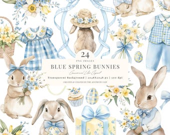 Spring Bunny Clipart | Blue Easter PNG | Rabbit Baby Shower | Boy Bunnies | Floral | 24 PNG