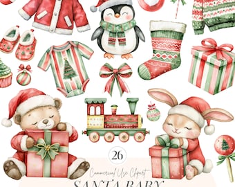 May include: Watercolor Christmas-themed clipart featuring a variety of festive elements. Includes a red Santa suit, a penguin in a scarf, a teddy bear, a bunny, a train, and gift boxes. The text "SANTA BABY" is also visible.