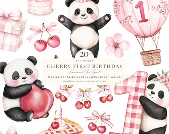 Primo compleanno di Cherry / Panda carino / Clipart di Cherry / Baby Shower dolce con bacche Png / Ciliegie / Cherry One / Berry First / 20 PNG