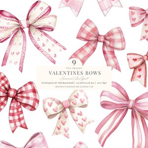 Valentines Day Bow Clipart | Watercolor Bows | Coquette Bows Clipart | Pink Heart Bows PNG | Red |  Love Heart | Pink | Heart's Day | 9 PNG