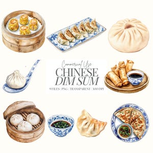 Clipart dim sum / Gnocchi PNG / Cibo cinese ad acquerello / Cibo del capodanno cinese / Involtini primavera / Panini bao / Wonton / Salsa di soia / 9 PNG