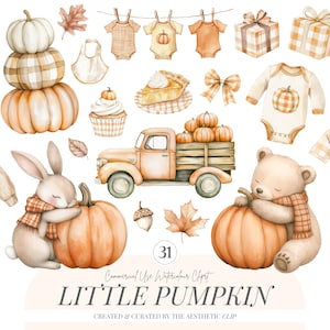 May include: A watercolour illustration with pumpkins, a bunny, a bear, a truck, baby clothes, gifts, and autumn leaves. The image has a warm colour palette of orange, brown, and cream. The text "Little Pumpkin" is at the bottom.