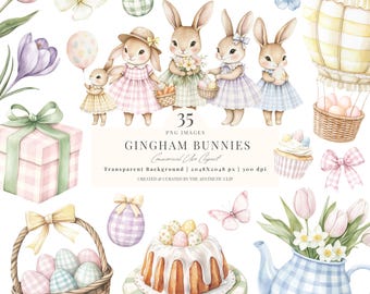 Clipart lapin de Pâques | Baby Shower Lapin | Coquette printemps PNG | Anniversaire de filles | Vichy | Pastel | 35 PNG