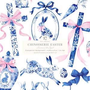 May include: A set of Chinoiserie Easter-themed PNG images. The illustrations showcase blue and white floral patterns on rabbits, crosses, carrots, bows, and vases. The image text includes "CHINOISERIE EASTER" and "17 PNG IMAGES".