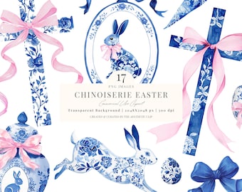 Pasen-clipart | Chinoiserie Pasen | Waaierveer | Konijntje | Kruis | Lijsten | 17 png
