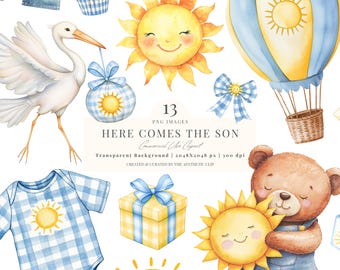 Here Comes The Son Clipart | Boy Baby Shower PNG | Sunshine Baby Shower PNG | First Trip Around The Sun Clipart | Cute Sun | 13 PNG