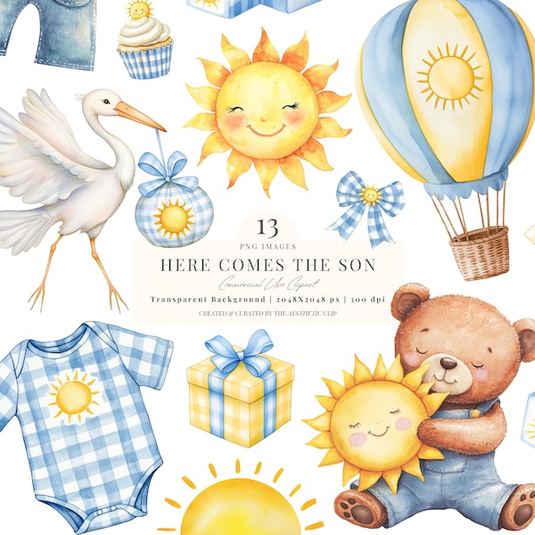 Here Comes The Son Clipart | Boy Baby Shower PNG | Sunshine Baby Shower PNG | First Trip Around The Sun Clipart | Cute Sun | 13 PNG