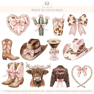 Coquette Cowgirl Clipart | Coquette Western PNG | Bow-girl | Bonjour la conception | Vache Highland | Rose Cowgirl PNG | noeud rose | 12 PNG image 2