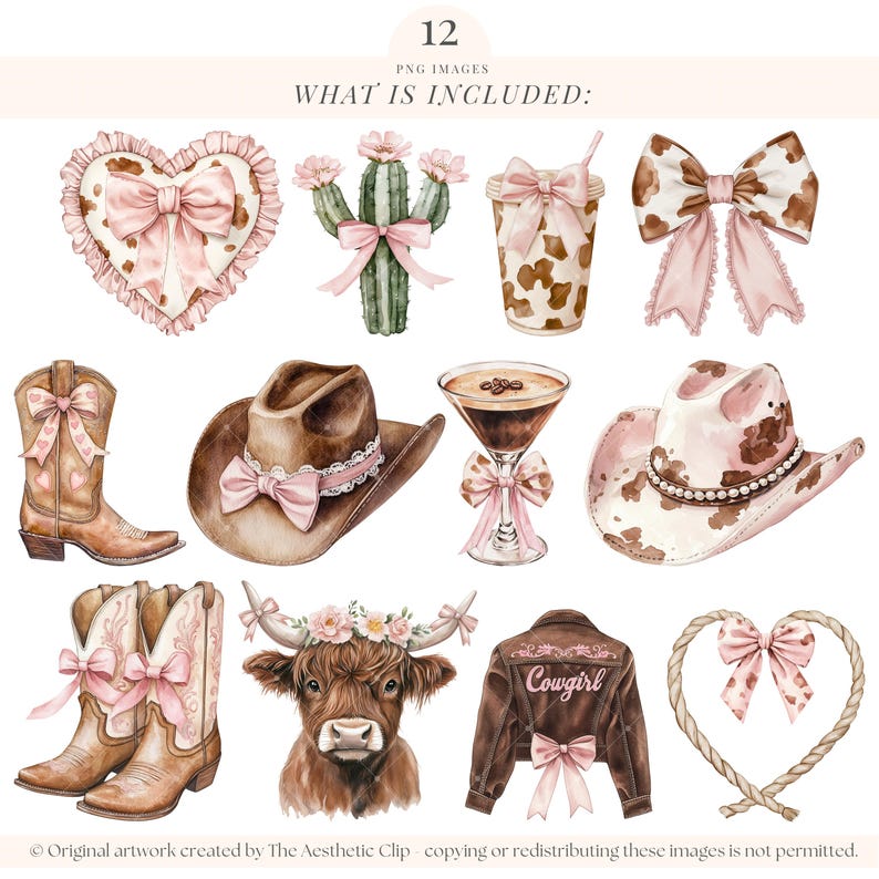 Coquette Cowgirl Clipart | Coquette Western PNG | Bow-girl | Bonjour la conception | Vache Highland | Rose Cowgirl PNG | noeud rose | 12 PNG image 2
