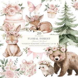 Clipart de bosque bohemio / Animales del bosque rosa / Baby Shower de niña con temática de bosque / Clipart de guardería rosa / Bosque floral / Animales bebés PNG / 20 PNG