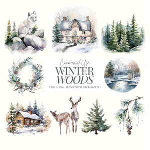 Clipart invernale / PNG boschi innevati / Pini / Pacchetto clipart di Natale invernale / Animali invernali / Cervi / Capanna di tronchi / Ghirlanda di pino / 9 PNG