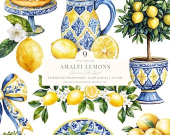 Lemon Clipart |  Azulejos Lemons PNG | Italian Lemons | Chinoiserie Lemons | Topiary | Blue And Yellow | Watercolor | Lemonade | 9 PNG