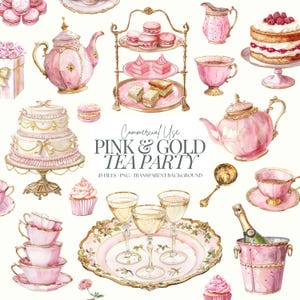 Clipart Thé de l'après-midi rose | Théière PNG | Goûter antique | Pack de cliparts pour la douche nuptiale | Aquarelle | Gâteau | Champagne | Tasses à thé | 45 PNG