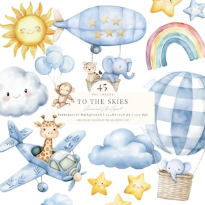 Clipart de guardería azul / Clipart de bebé recién nacido en acuarela / Clipart de baby shower azul / Avión azul / Bebé niño PNG / Clipart de globo aerostático / 45 PNG