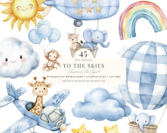 Blue Nursery Clipart | Watercolor New Baby Clipart | Blue Baby Shower Clipart | Blue Plane | Baby Boy PNG | Hot Air Balloon Clipart | 45 PNG