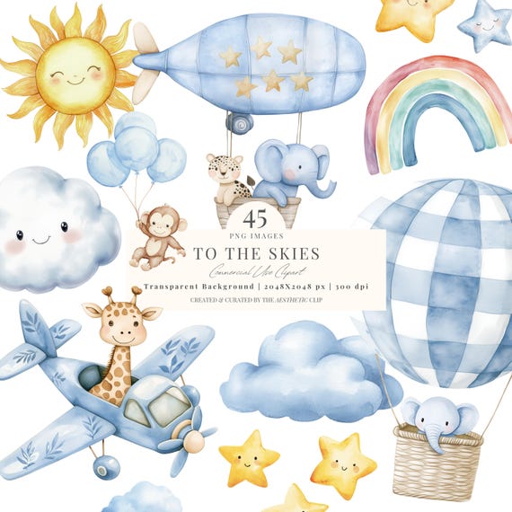 Blue Nursery Clipart | Watercolor New Baby Clipart | Blue Baby Shower Clipart | Blue Plane | Baby Boy PNG | Hot Air Balloon Clipart | 45 PNG