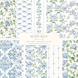 Papel floral azul sin costuras, papel digital para scrapbooking, estampados florales Toile de Juoy, patrón de lazos azules / Coquette / 10 JPEG / PNG