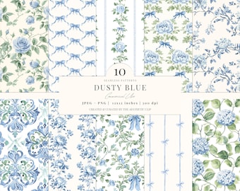 Blue Floral Seamless Paper, Digital Paper for Scrapbooking, Toile De Juoy Floral Patterns, Blue Bows Pattern | Coquette | 10 JPEG | PNG