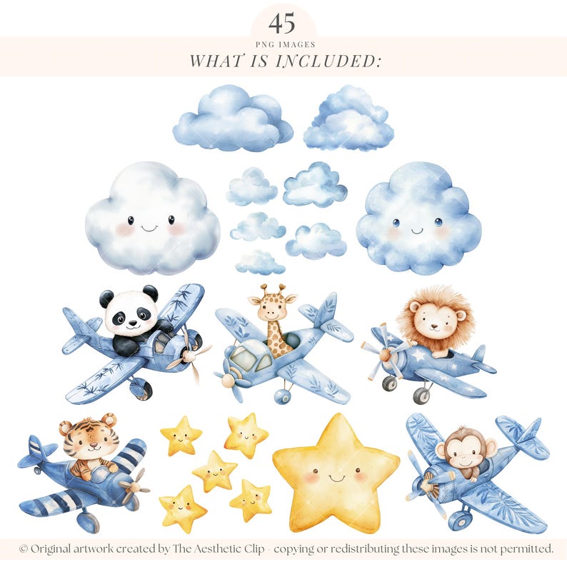 Blue Nursery Clipart | Watercolor New Baby Clipart | Blue Baby Shower Clipart | Blue Plane | Baby Boy PNG | Hot Air Balloon Clipart | 45 PNG image 2