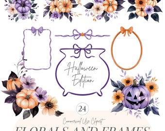 May include: Watercolor clipart set featuring floral arrangements with pumpkins, flowers, and frames in shades of purple, orange, and white. Includes a cauldron frame with "Halloween Edition" text and the words "Florals and Frames".