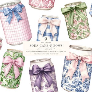 Cola Cans And Bows Clipart | Coquette Soda PNG | Watercolor Cola | Preppy Aesthetic | Bows | Coquette Drinks PNG | Sublimation | 9 PNG