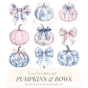 May include: Watercolor illustration of nine pumpkins and bows in soft pastel colors. The pumpkins feature floral patterns, gingham, and solid colors, with matching bows. The text "PUMPKINS & BOWS" is displayed below the pumpkins.