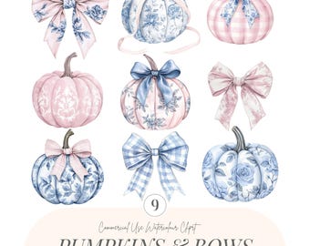 Grandmillenial Pumpkins And Bows Clipart | Coquette Pumpkins | Toile Pumpkins | Gingham Pumpkins | Cute Fall PNG | Pink Pumpkins | 9 PNG