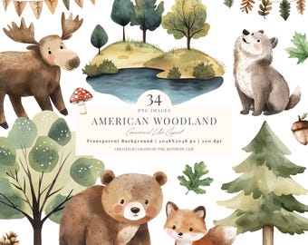 Boho Woodland Clipart | Watercolor Forest Animals Clipart | North American Animals | Woodland Baby Shower PNG | Forest Nursery | 34 PNG