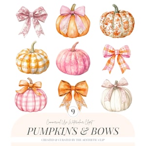 Watercolor Pumpkins And Bows Clipart | Coquette Pumpkins | Toile Pumpkins | Gingham Pumpkins | Cute Fall PNG | Pink Pumpkins Clipart | 9 PNG