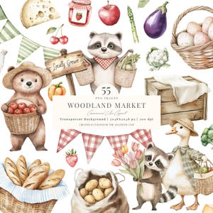 Bauern Markt Clipart | Lokal gewachsene Babyparty PNG | Süße Waldtiere | Grafik vom Bauernhof | Waldmarkt | 55 PNG