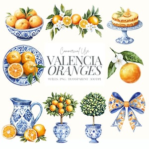 Pomarańcze Clipart | Pomarańcze Chinoiserie PNG | Włoskie Pomarańcze | Topiary Chinoiserie | Niebieski i Pomarańczowy | Akwarela | Sok Pomarańczowy | 9 PNG