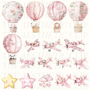 Puede incluir: Un conjunto de clipart digital con globos aerost&aacute;ticos rosas, aviones, estrellas y nubes. Los globos aerost&aacute;ticos tienen patrones florales y de corazones y llevan animales como un panda, un le&oacute;n, una jirafa y un cerdo. Los aviones son rosas y blancos con patrones florales y llevan animales como un panda, un conejo y una jirafa. Las estrellas son rosas y amarillas con caras sonrientes. Las nubes son rosas y tienen corazones flotando a su alrededor.