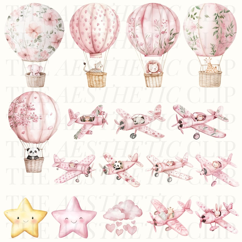 Puede incluir: Un conjunto de clipart digital con globos aerost&aacute;ticos rosas, aviones, estrellas y nubes. Los globos aerost&aacute;ticos tienen patrones florales y de corazones y llevan animales como un panda, un le&oacute;n, una jirafa y un cerdo. Los aviones son rosas y blancos con patrones florales y llevan animales como un panda, un conejo y una jirafa. Las estrellas son rosas y amarillas con caras sonrientes. Las nubes son rosas y tienen corazones flotando a su alrededor.