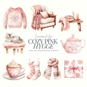 Różowy zimowy clipart | Różowy Boże Narodzenie PNG | Przytulna zima | Różowy zestaw clipartów Hygge | Różowy sweter | Różowy czajniczek | Kot | Zimowy dom | 9 PNG