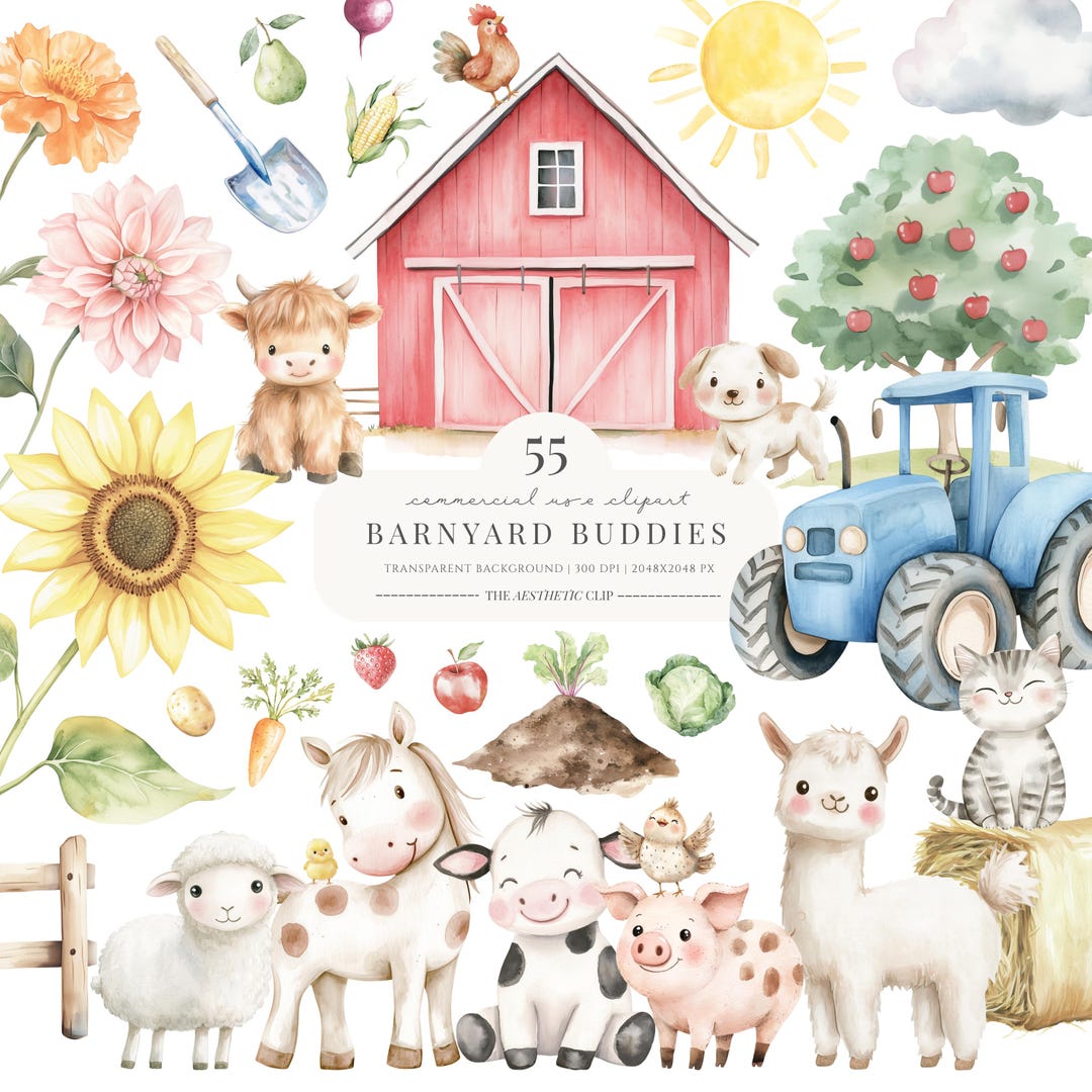Barnyard Clipart | Cute Farm Animals Watercolour | Baby Shower ...