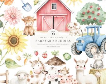May include: Watercolor illustration featuring a red barn, farm animals, and a blue tractor. The image includes a sunflower, vegetables, and the text "55 commercial art clipart BARNYARD BUDDIES".