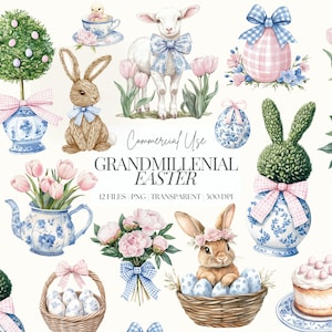 Clipart de Pascua / PNG de Pascua grandmillenial / Toile de Pascua / Chinoiserie PNG / Clipart de primavera Cottagecore / Coquette de Pascua / 12 PNG