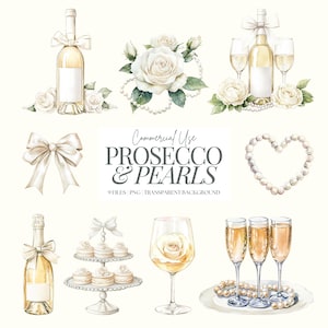 Clipart Prosecco | Perles de champagne | Aquarelle de vin rosé | Fleurs Champagne | Douche nuptiale | Clipart de célibataire | Mariage PNG | 9 PNG
