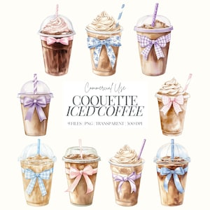 Café y lazos Clipart / Café helado PNG / Café helado acuarela / Café coqueto / Café lazo Toile PNG / Café helado lazo rosa / 9 PNG
