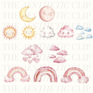 Puede incluir: Un conjunto de ilustraciones de acuarela con una luna rosa, sol, nubes y arco&iacute;ris. La luna y el sol tienen caras sonrientes. Las nubes tienen caras felices y algunas llueven corazones. Los arco&iacute;ris son rosas y tienen un fondo blanco.