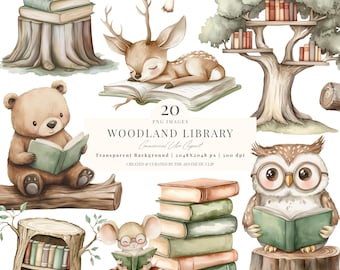Animals Reading Books Clipart | Cute Woodland PNG | Forest Library | Classroom PNG | Woodland Nursery | Bear | Fox | Deer | 20 PNG